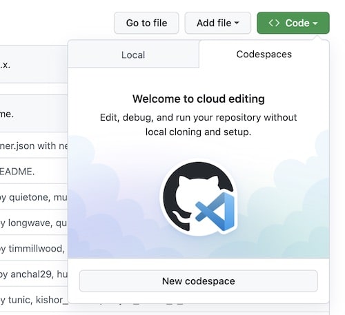 Image of the GitHub Codespaces New Codespace button.
